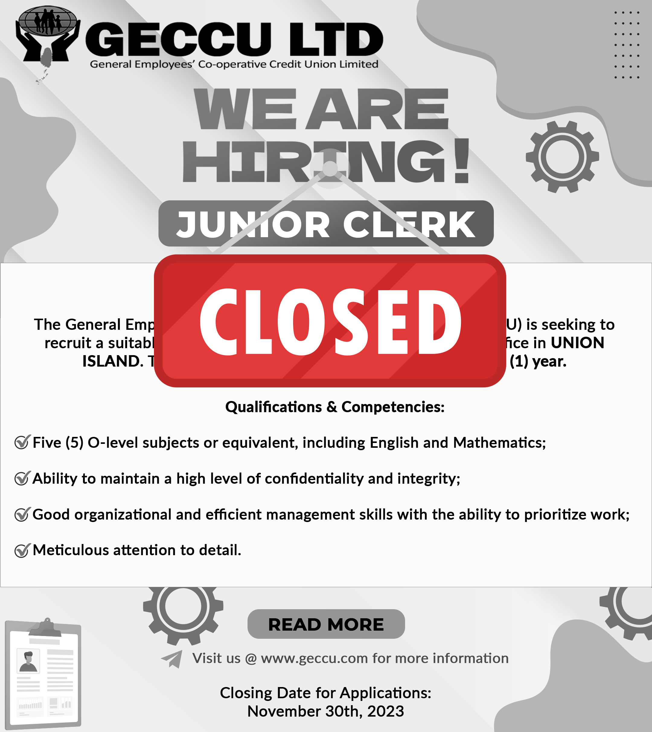 Employment Opportunity – Junior Clerk (Union Island)
